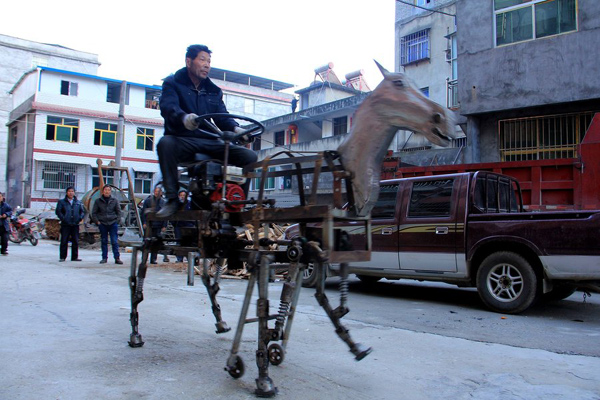 Home-made mechanical horse on street