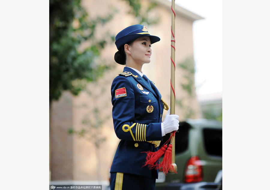 Female soldiers of military band practice for the V-Day parade