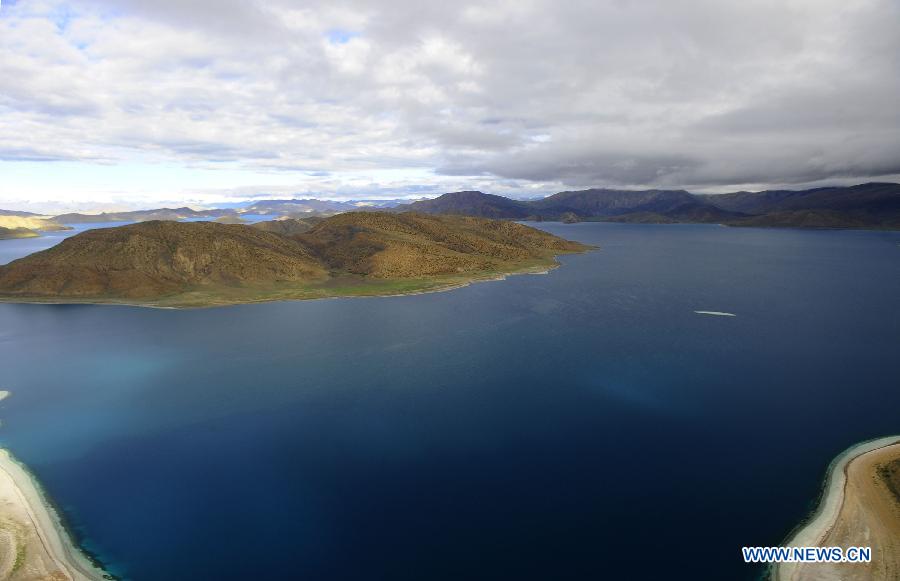Aerial view of Yamzho Yumco Lake in Tibet