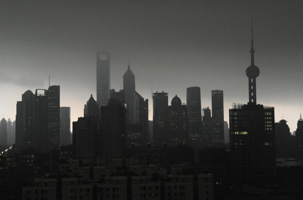 Heavy rain hits downtown Shanghai