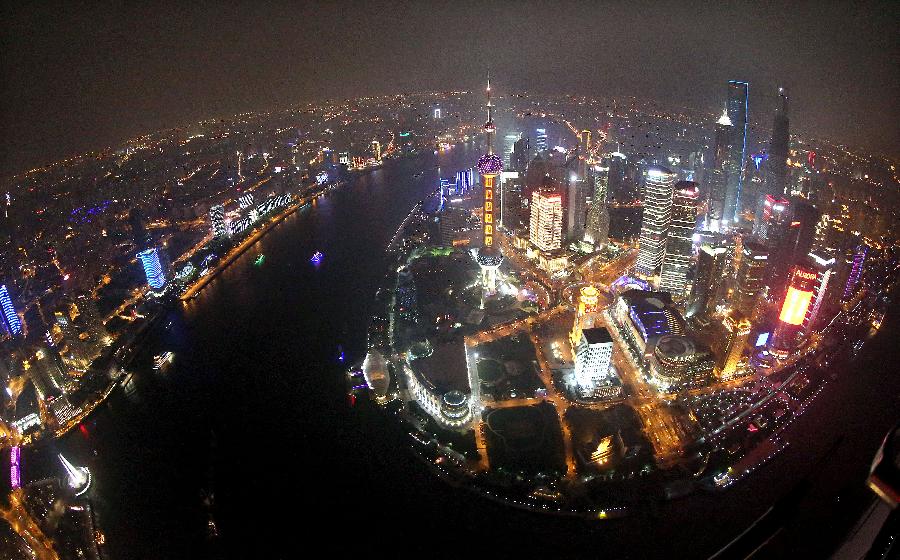 Aerial view of illuminated buildings in Shanghai