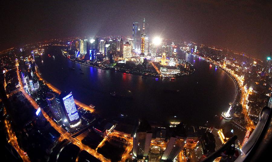 Aerial view of illuminated buildings in Shanghai