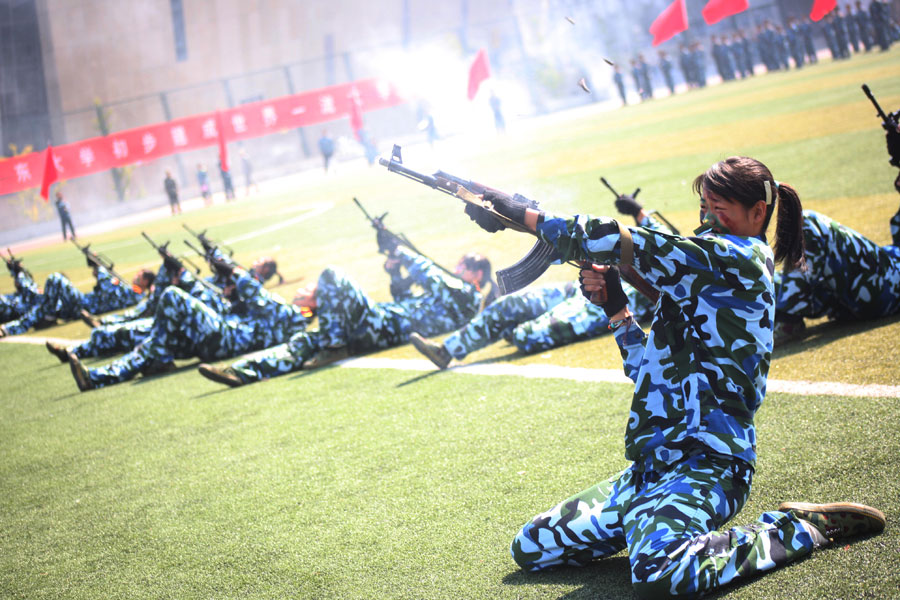 Female freshmen are unique sight in military show