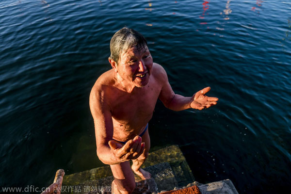 Seniors enjoy swimming despite the chill