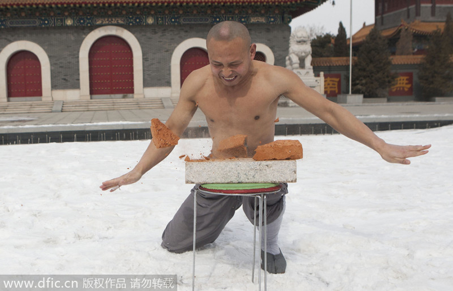 Buddhist monks break bricks in kung fu