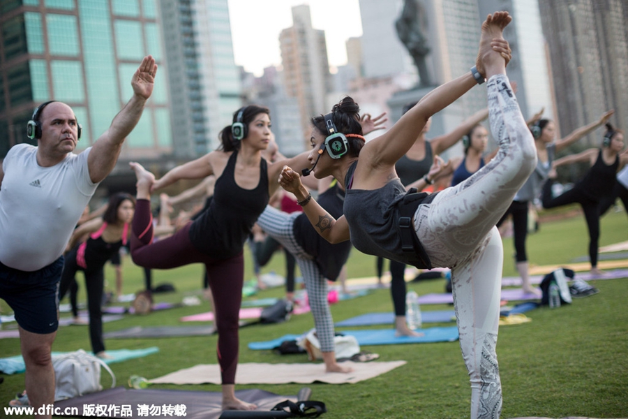 Silent disco yoga class in HK quiets body and mind