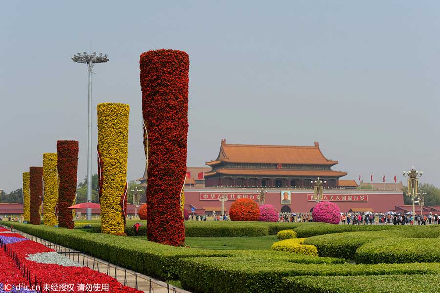 Tiananmen Square decorated as May Day holiday approaches