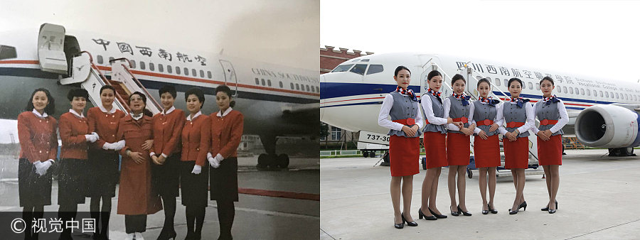 Now and then: Images of two generations of flight attendants