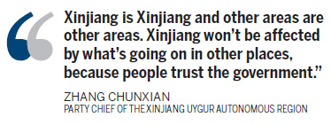 Xinjiang Party chief still wary of 'three forces'