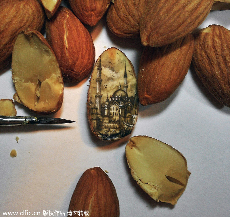 Tiny landscapes painted on food