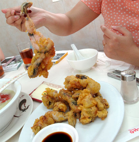 Fried frogs and porridge