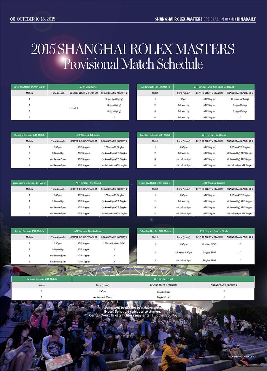 2015 Shanghai Rolex Masters provisional match schedule
