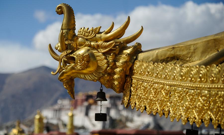 Magnificent golden top of Jokhang Temple maintained in Lhasa