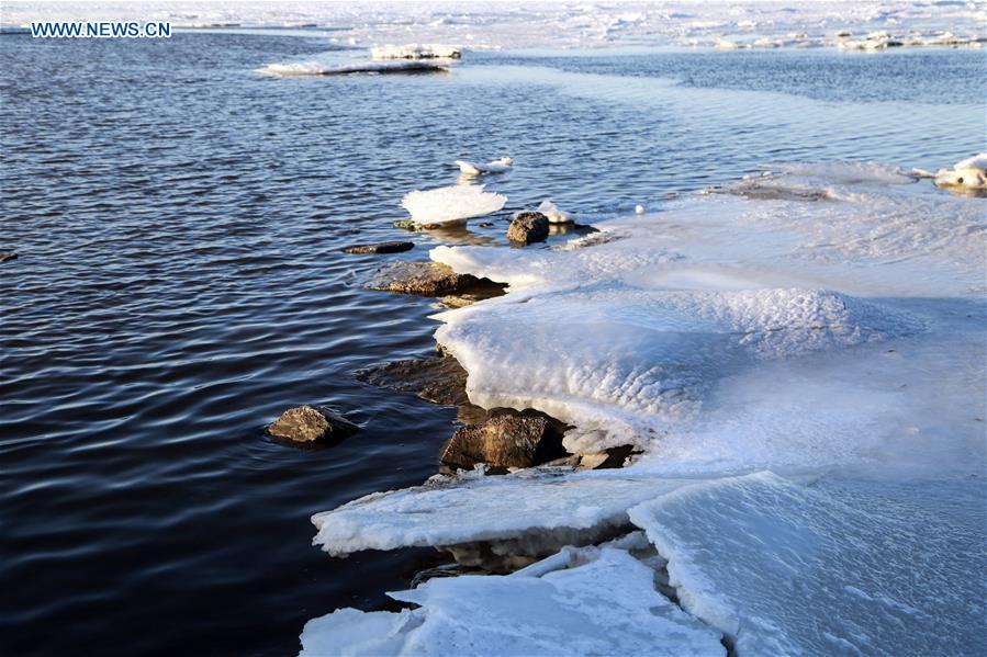 Scenery of frozen sea at Xiajiahezi bathing beach in Dalian