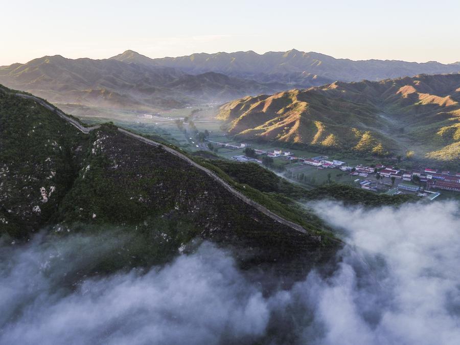 Aerial view of Great Wall surrounded by mist in N China