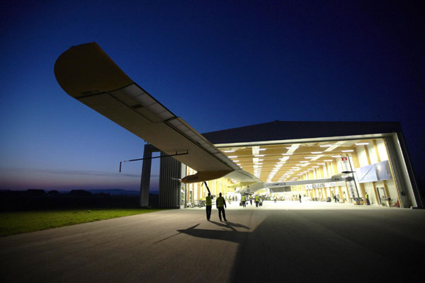 Solar-powered airplane test flight