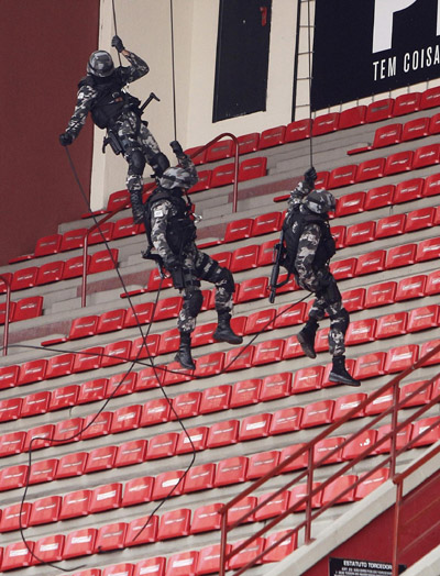 Brazilian riot police take part in a drill