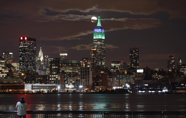 Full moon behind Empire State Building