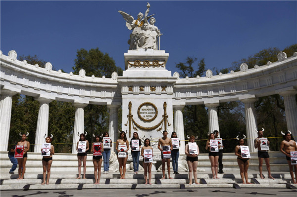 People protest against bullfights in Mexico City