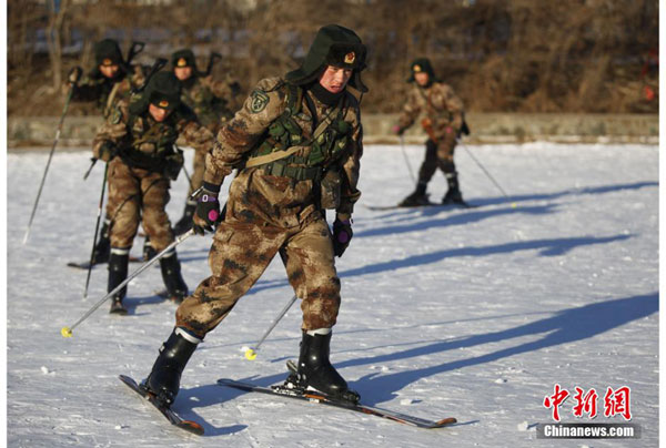 Soldiers undergo ski training in snow-covered NE China