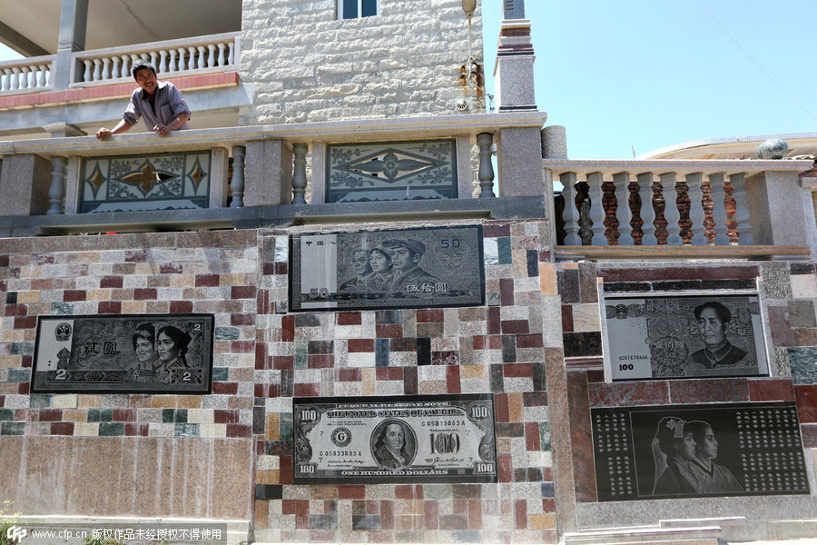 Villager decorates wall with banknote images