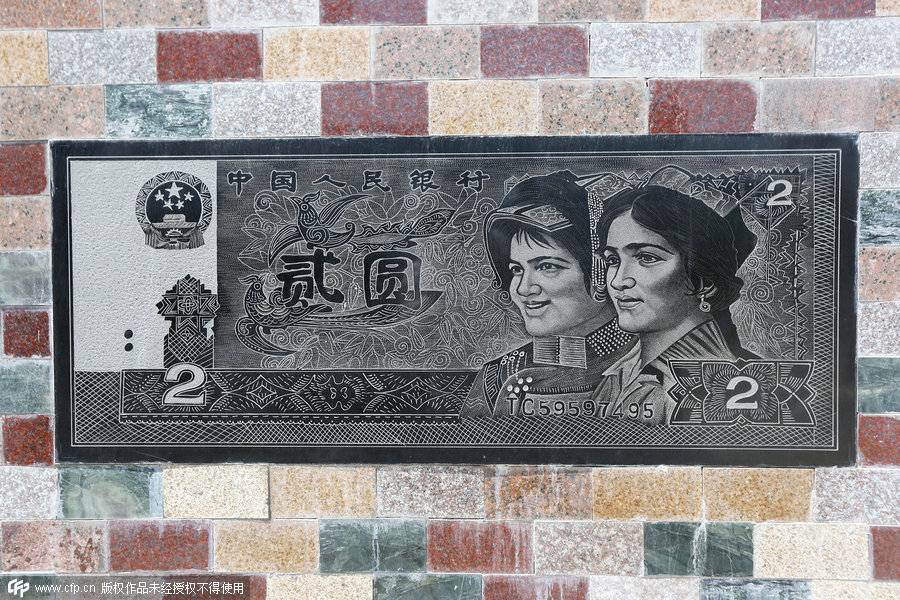 Villager decorates wall with banknote images