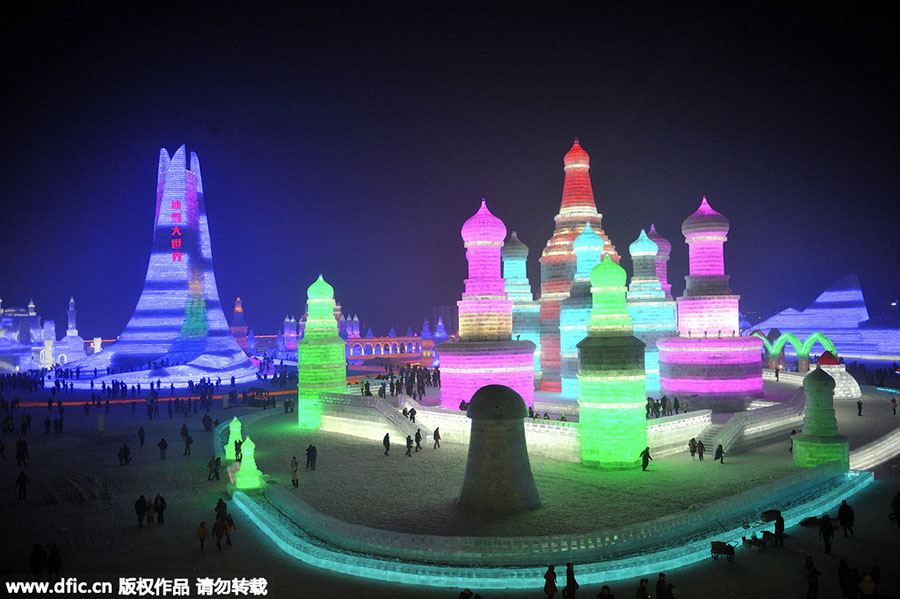Ice and snow world lights up the night sky in Harbin
