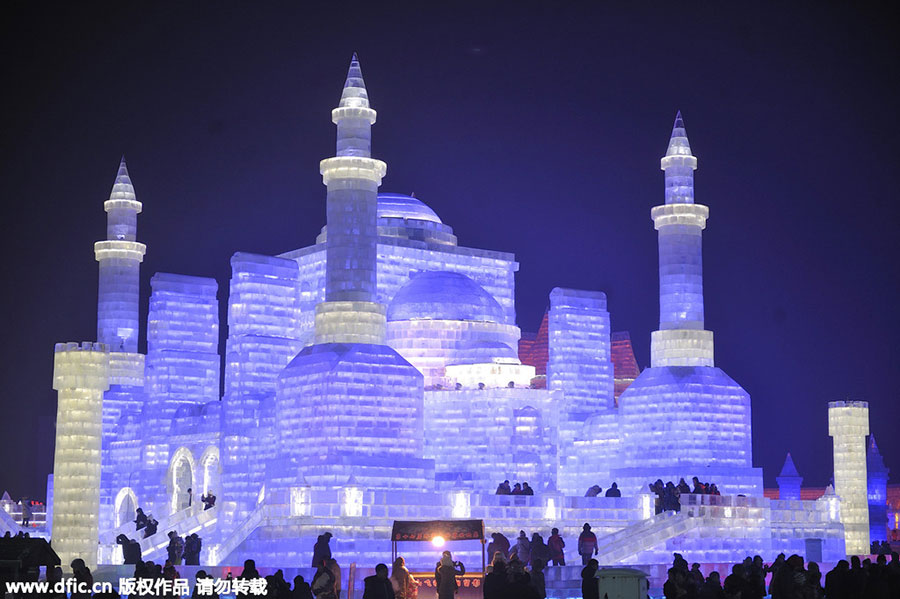 Ice and snow world lights up the night sky in Harbin
