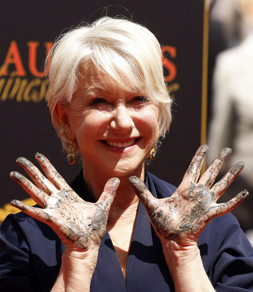 Helen Mirren makes hand and footprints in Hollywood