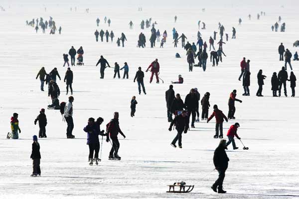 Paradise for skaters on frozen lake