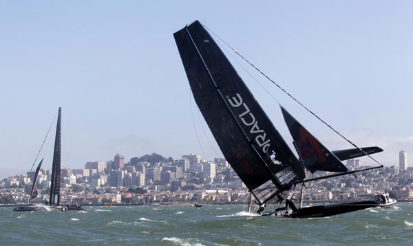 Sailing boat capsizes during America's Cup