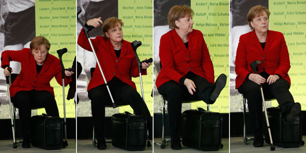 Merkel fractures pelvis skiing, cancels visits