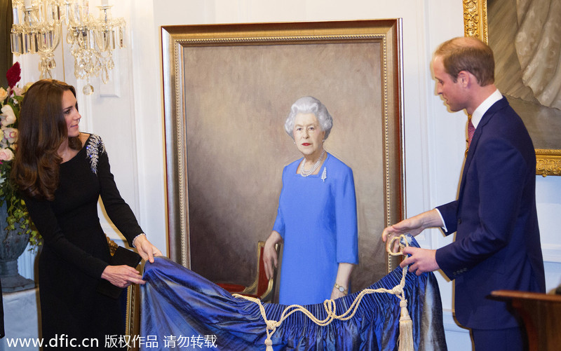 Prince William and his wife Kate unveil portrait of Queen Elizabeth