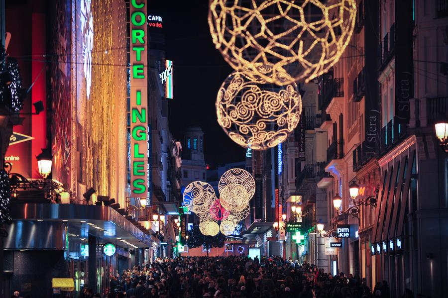 Street illuminated by Christmas lights in Madrid
