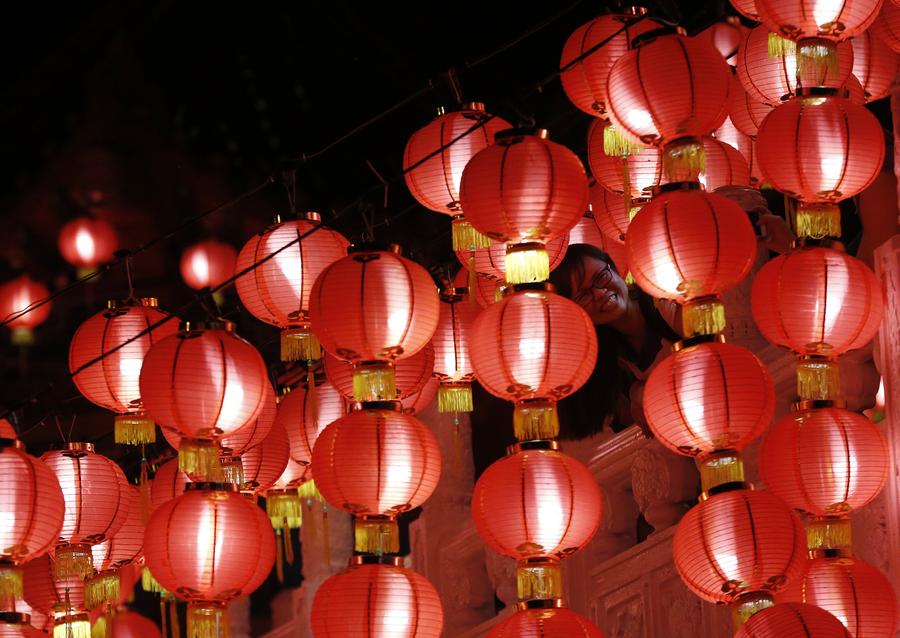 Lanterns decorate temple to celebrate Chinese New Year in Kuala Lumpur