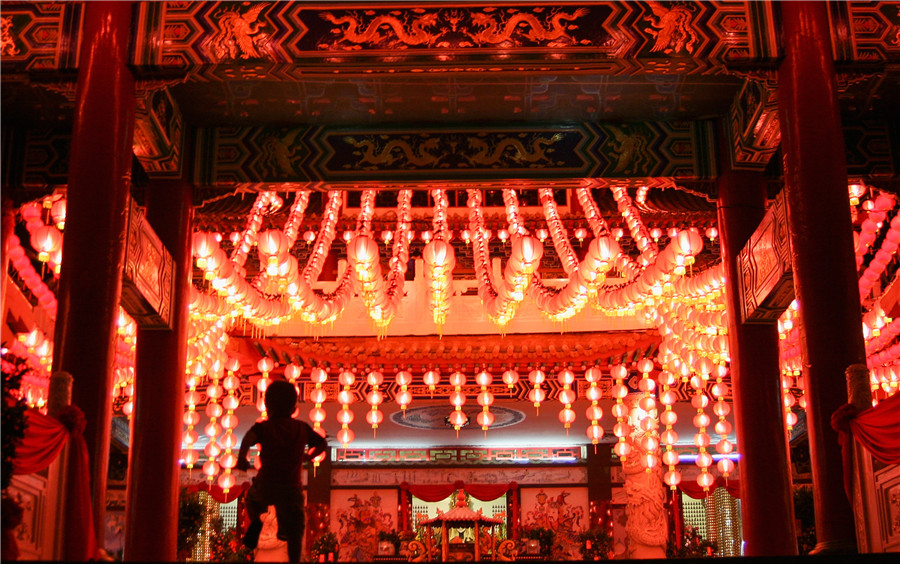 Lanterns decorate temple to celebrate Chinese New Year in Kuala Lumpur